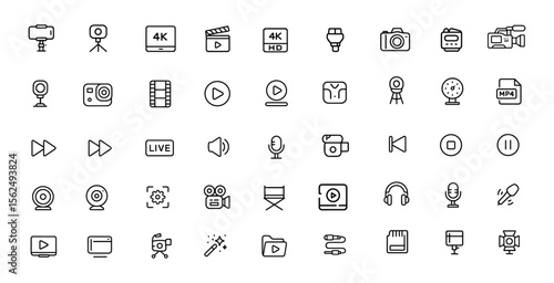 Editable Videography Icon Set. Thin line vector illustration of modern video gadgets, cameras, film, playback devices, microphones, multimedia equipment, and video production tools.