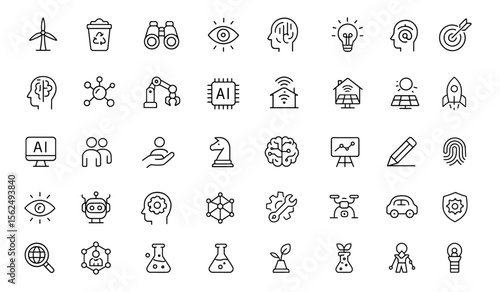 Editable Innovations Icon Set. Thin line vector illustration of futuristic technology icons: AI, smart home, robotics, scientific progress, energy, development, creativity, isolated on white.