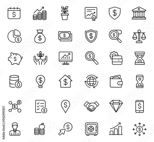 Modern thin line Investment icon set. Editable vector illustration of business finance symbols: profit, savings, economy, portfolio, strategy, risk, growth, banking, real estate, analysis, success.