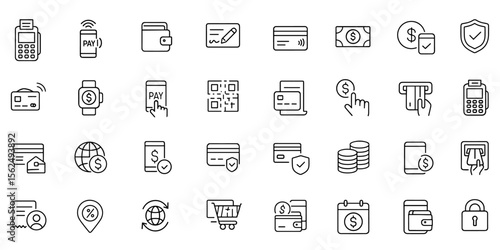 Editable digital payment icon set. Modern thin line vector illustration of finance and banking icons: POS terminal, NFC, mobile pay, credit card, cashless transaction, money, business
