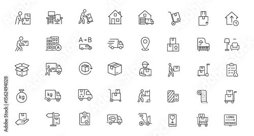 Editable Moving Service Icon Set. Vector illustration in modern thin line style of freight transportation types and related services: home moving, loading, packing, logistics, delivery