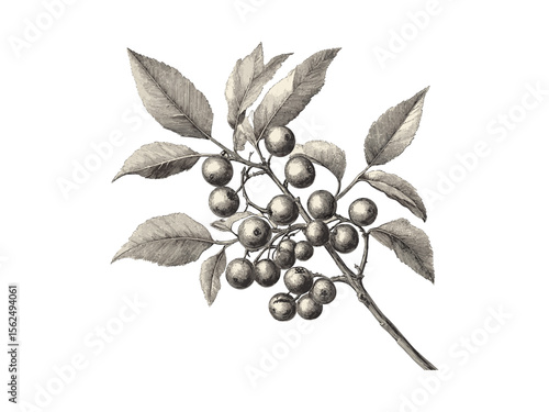 Buckthorn tree engraving, vintage botanical sketch, hand-drawn black sketch, buckthorn berries, rustic woodland art, eco-friendly nature print, old engraving style, retro tree decor, organic wall art