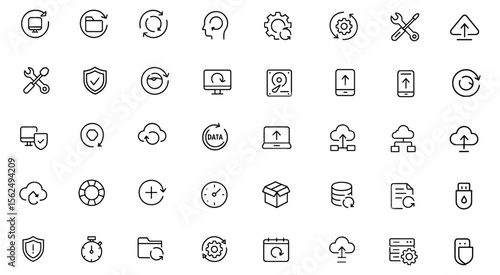Editable Recovery Icon Set. Modern thin line vector illustration of backup, restore, setup, service, and maintenance icons. Pictograms for apps, technology, security, and data management.
