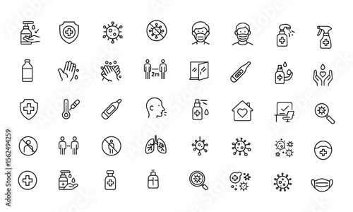 Covid Prevention Icon Set. Editable vector illustration of modern thin line health care symbols: vaccine, disinfection, antiseptic, protection, quarantine, hygiene, safety, virus, mask.