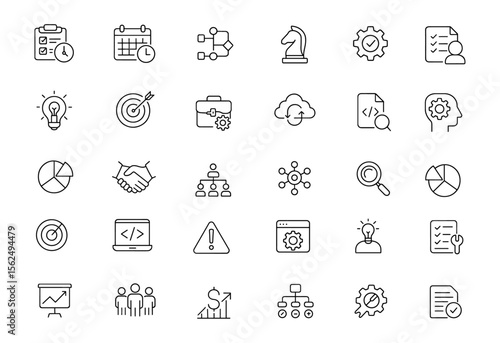 Editable Line Icons Set for Project Management and Business: Planning, Strategy, Development, Workflow, Teamwork, Budget, Collaboration, Research, and More Vector Illustration