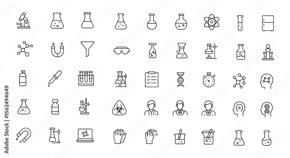 Editable Laboratory Icons Set. Modern thin line vector illustration of scientific equipment, experiment tools, technicians, and lab assistants. Isolated on transparent background Editable Laboratory Icons Set. Modern thin line vector illustration of scientific equipment, experiment tools, technicians, and lab assistants. Isolated on transparent background