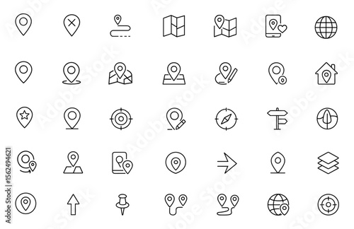 Editable Location Icon Set. Modern thin line vector illustration of navigation, map markers, routes, pins, and positioning symbols. Isolated on transparent background, GPS, compass, direction.