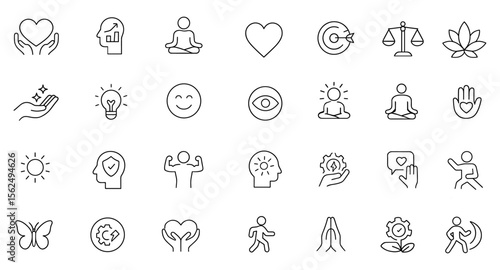 Editable Wellness Icon Set. Thin line vector illustration of mental health, mindfulness, meditation, self-love, personal growth, healing, positivity, and relaxation icons.