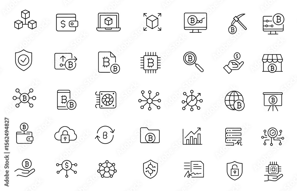 Editable Blockchain Icon Set. Vector illustration of thin line style cryptocurrency and distributed ledger technology icons: mining, e-wallets, payment, finance, network, business Editable Blockchain Icon Set. Vector illustration of thin line style cryptocurrency and distributed ledger technology icons: mining, e-wallets, payment, finance, network, business