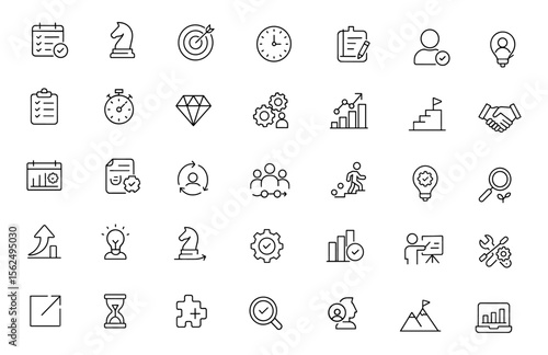 Editable Action Plan Icons set. Modern thin line vector illustration of planning, scheduling, strategy, goals, tasks, teamwork, and business pictograms for apps and infographics.