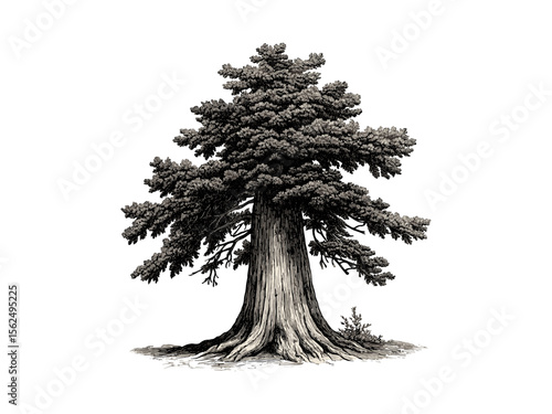 Hand-drawn vintage botanical art, engraving of cedar tree trunk, cedar bark texture, evergreen tree illustration, rustic tree decor, black sketch, retro woodland design, nature wall art