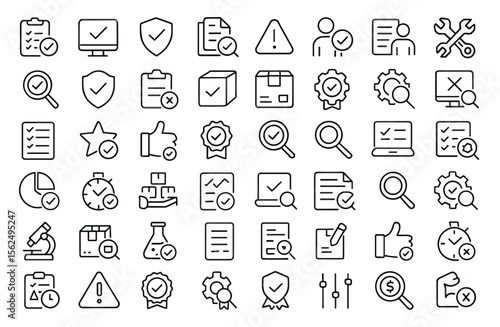 Quality control icon set, testing inspection evaluation traceability standardization compliance infographics mobile app pictograms workflow optimization QA management vector illustration.