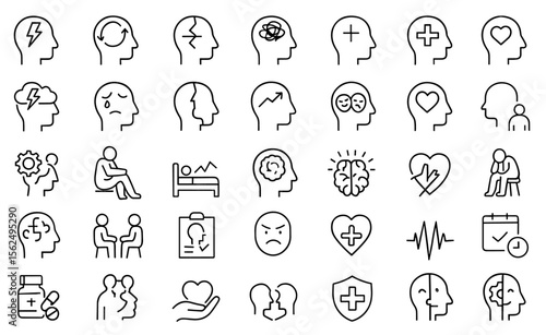 Editable thin line Mental Health icons, therapy, mindfulness, stress management, emotional wellness, counseling, anxiety relief, bipolar recovery, trauma care, vector illustration.