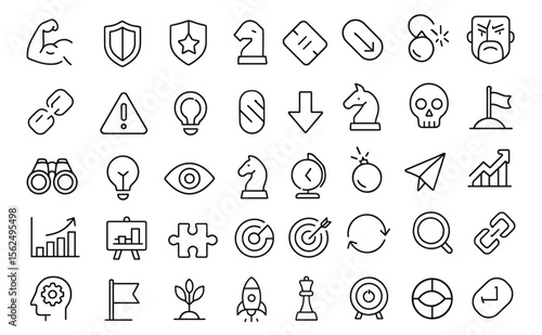 SWOT Analysis Editable Icon Set, thin line business strategy icons for strengths, weaknesses, opportunities, threats, app infographics, strategic planning framework, vector illustration.