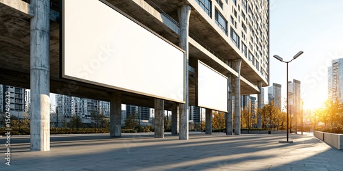 mockup of billboard in open frame at public transportation shelter, isolated perspective, light concrete textures, slightly overcast daylight, strong realism