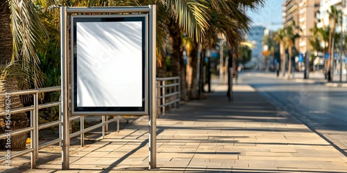 white billboard signage at a solitary bus stop on a calm boulevard, stainless steel railings, neat sidewalk tiles, shadowed by nearby buildings