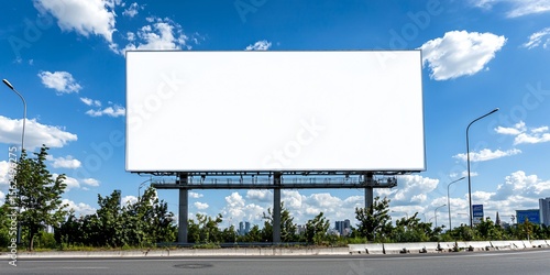 billboard facing highway exit curve, white blank space perfectly lit by overhead sun, visible asphalt cracks and signage, clean and hyperrealistic roadside feel
