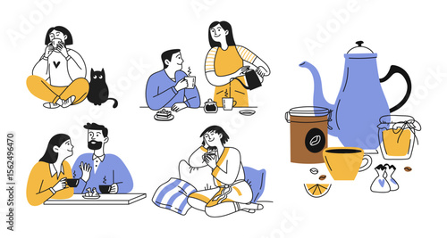 Set of doodles of men and women. People communicating over a cup of hot coffee. Coffee mug at home or in a cafe, restaurant. Vector
