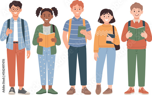 Illustration of five diverse students with backpacks and books standing in a row on white background


