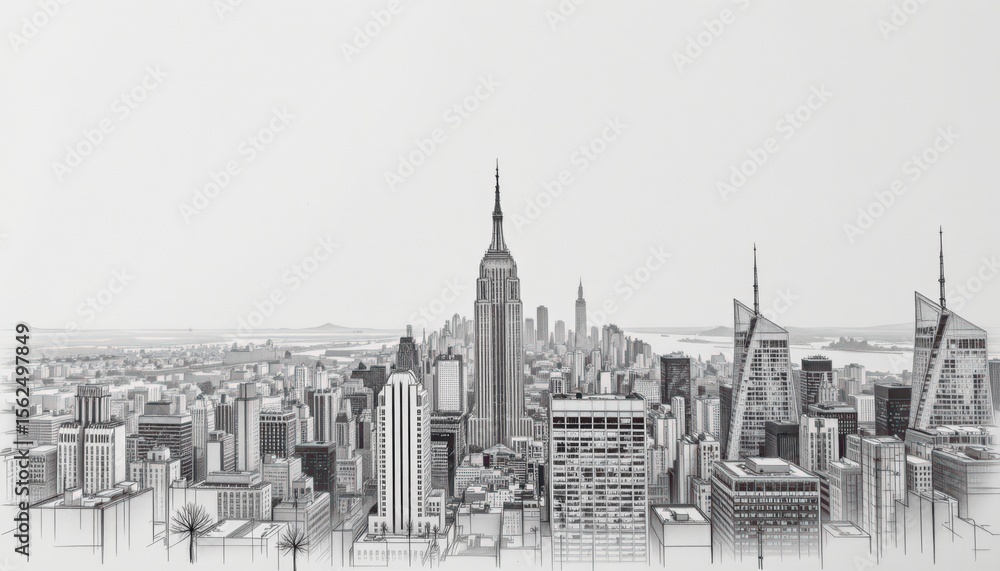 Fototapeta premium a high angle drawing illustrates a vast cityscape under a bright, expansive sky