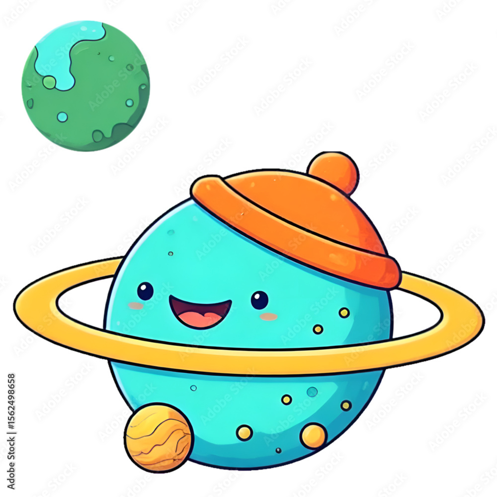 Whimsical Smiling Planet with Hat and Rings Whimsical Smiling Planet with Hat and Rings