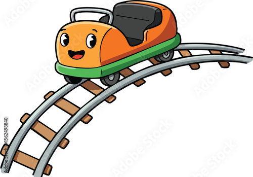 Cartoon orange roller coaster car on curved amusement park track vector illustration