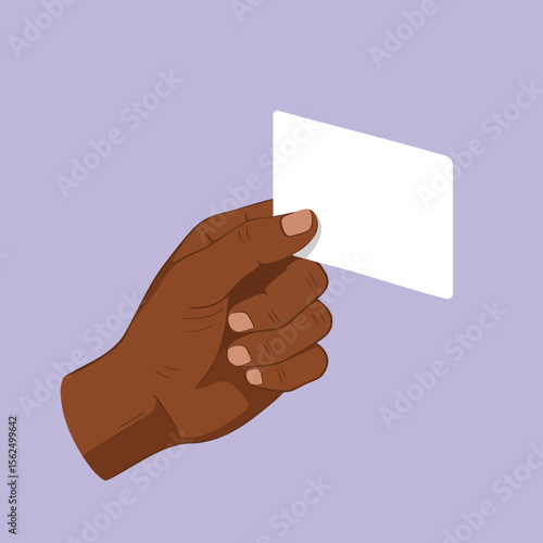 Dark skinned hand holding blank white card vector illustration on purple background for business or identity concept
