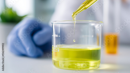 Pharmaceutical Formulation Development: precision pipette dispenses a golden reagent into a controlled beaker environment for drug research.

