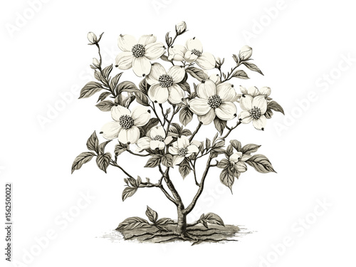 Dogwood tree engraving, vintage botanical illustration, rustic nature decor, hand-drawn black sketch, dogwood flowers, eco-friendly print, old engraving style, retro woodland design, floral wall art