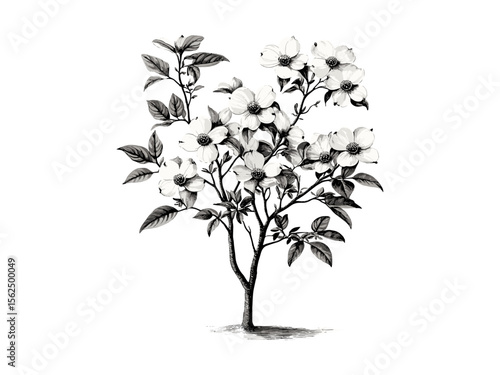 Vintage dogwood tree engraving, hand-drawn botanical illustration, rustic decor, black sketch, dogwood flowers, eco-friendly nature print, retro woodland art, antique floral design, garden art