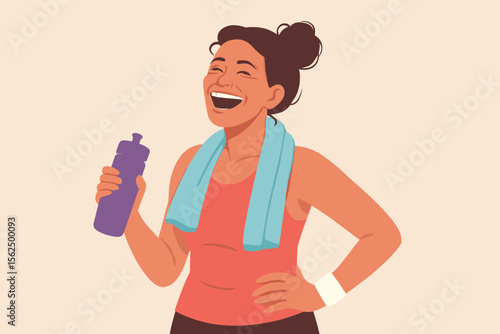 Joyful senior woman with grey hair laughing after exercise. Active aging concept. Healthy middle-aged lady in sportswear. Post-workout satisfaction and vitality. Flat vector character.