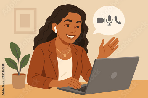 Latin businesswoman working on laptop during video call. Concept of online meeting, webinar, virtual conference, and remote work. Modern flat vector cartoon illustration.