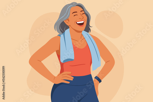 Happy senior woman laughing after workout. Active middle-aged lady enjoying fitness. Healthy lifestyle, positive aging, and wellness concept. Modern vector cartoon illustration.