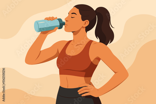 Athletic woman drinking water after workout. Fitness hydration concept. Healthy lifestyle. Female in sportswear holding bottle. Flat vector illustration. Exercise, gym, sport, wellness, activity