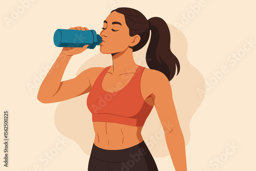 Athletic woman hydrating after workout, drinking water from sports bottle, fitness and healthy lifestyle concept, modern flat vector illustration, active female in sportswear, exercise motivation