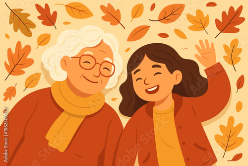Autumn family bonding illustration. Grandmother and granddaughter lying on fall leaves, enjoying nature, happiness, togetherness, seasonal foliage. Modern flat vector cartoon for autumn concepts.