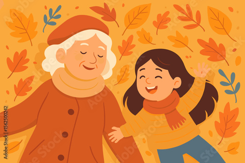 Happy grandmother and granddaughter lying on autumn leaves, enjoying fall season together. Family bonding, playful outdoor activity, warm clothing, seasonal foliage. Flat vector cartoon illustration.