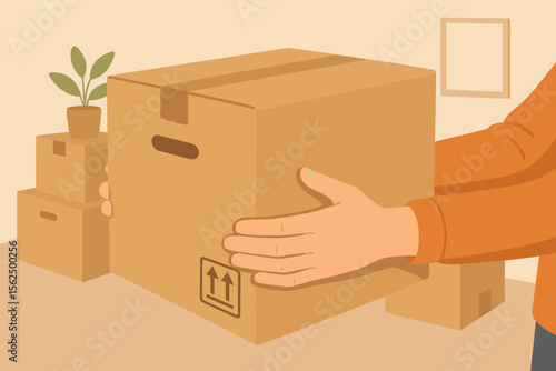 Moving day concept. Hands holding cardboard box during relocation. Packing, unpacking, home move, delivery service. Modern flat vector illustration of moving process, boxes, new home, organization