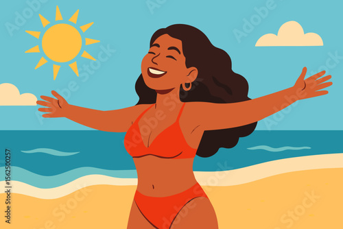 Happy smiling Latin woman enjoying the sun at the beach on summer vacation. Travel, leisure, and relaxation lifestyle concept. Beautiful girl on the seacoast. Modern flat cartoon vector.