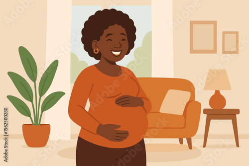 African American pregnant woman at home, maternity concept, expecting mother holding belly, cozy living room interior, modern flat vector illustration, motherhood, prenatal care, family lifestyle