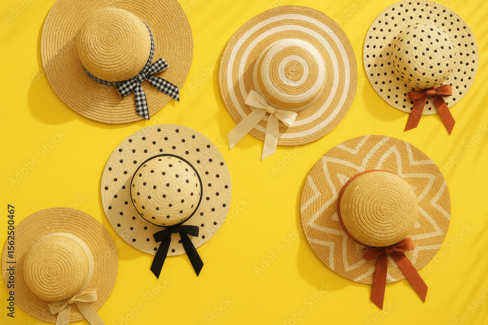Fototapeta premium Stylish Beach Hats on Yellow Backdrop – Flat Lay Vacation Theme