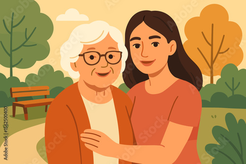 Senior woman with glasses and adult daughter smiling together in park. Family love, generational bond, outdoor leisure. Modern flat vector illustration. Happy relatives, autumn nature scene.