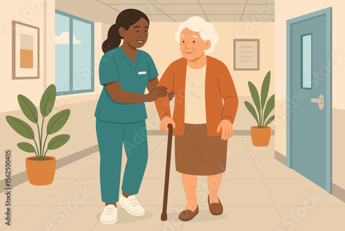 Elderly woman assisted by nurse walking in modern healthcare clinic corridor. Senior care, medical support, rehabilitation, nursing home, geriatric patient aid. Flat vector illustration.