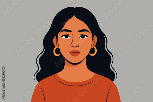 Stylish Hispanic woman with long wavy black hair, gold hoop earrings, and orange shirt. Modern flat vector cartoon illustration. Isolated on grey background. Female character design concept.
