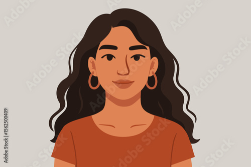 Modern flat vector illustration of young Hispanic woman with long wavy dark hair, gold hoop earrings, orange shirt, isolated on neutral background. Stylish female portrait cartoon design