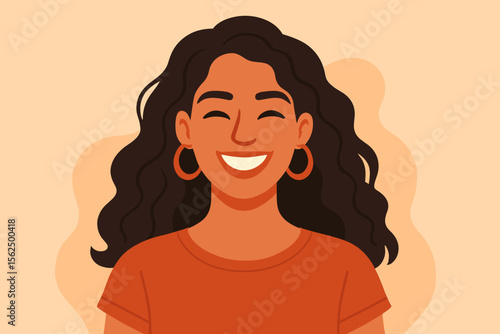 Young Hispanic woman with long wavy hair and gold hoop earrings, modern flat vector cartoon, casual orange shirt, diverse female portrait illustration, minimal background, trendy avatar design