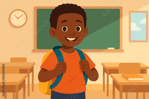 African American schoolboy with backpack in classroom. Elementary student standing in school, modern flat cartoon vector. Back to school, education, childhood, learning environment illustration