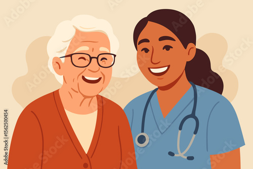 Smiling elderly woman with nurse caregiver. Senior healthcare support. Friendly nurse and happy patient. Medical assistance, geriatric care, nursing home, companionship, flat vector illustration.