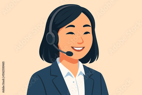 Professional Asian female customer service representative with headset in business suit. Modern flat vector illustration for call center support, helpline, technical assistance, communication concept