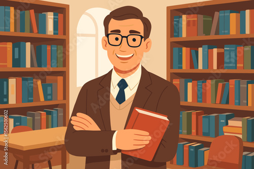 University Professor Standing in Library Holding Book. Academic Teacher Character in Suit. Knowledge, Education, Learning Concept. Modern Flat Vector Illustration. Bookshelves Background.
